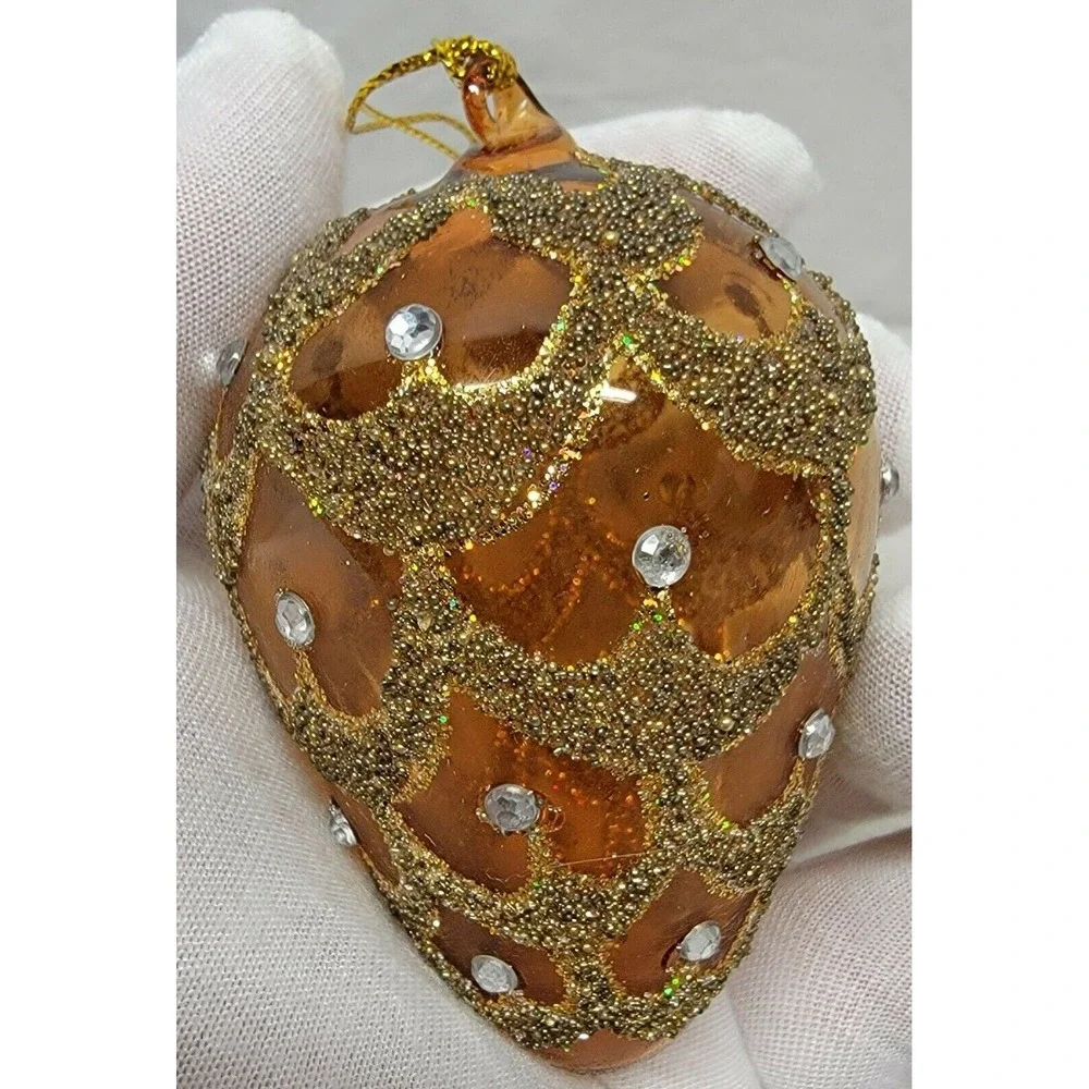 Vintage Poland Glass Pinecone Ornament Brown Gold Glitter Rhinestone 630t 1980